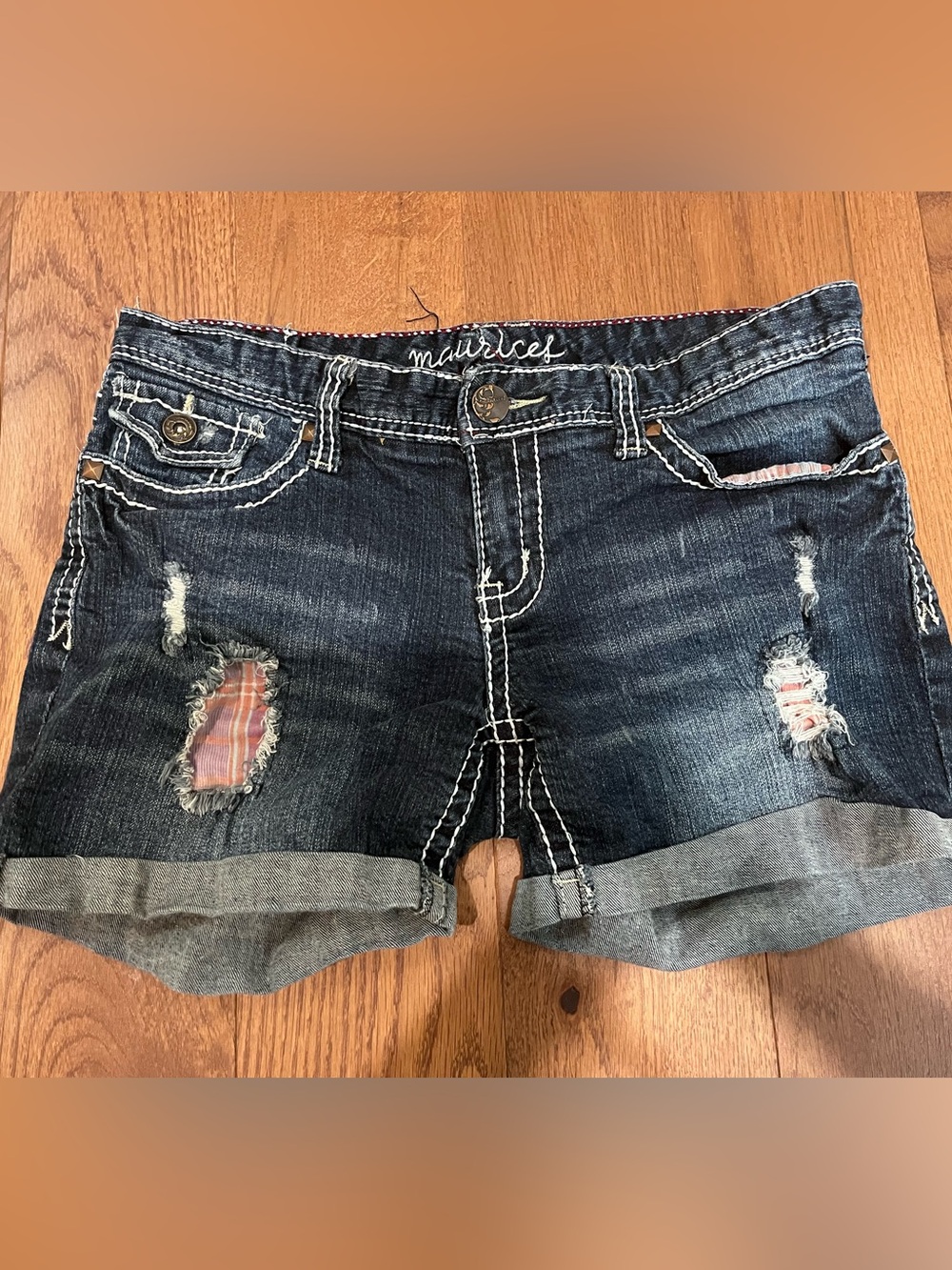 Y2K Maurices Dark Blue Distressed Denim Cuffed Shorts with Plaid Patch